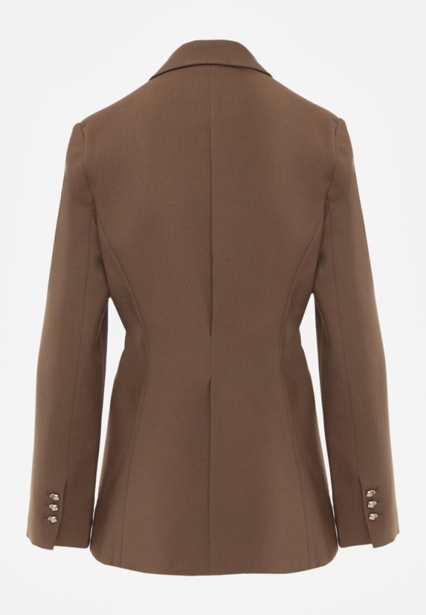 Brązowa Marszczona Marynarka Taliowana z Wiskozą z Ozdobą przy Wiązaniu Zynelle