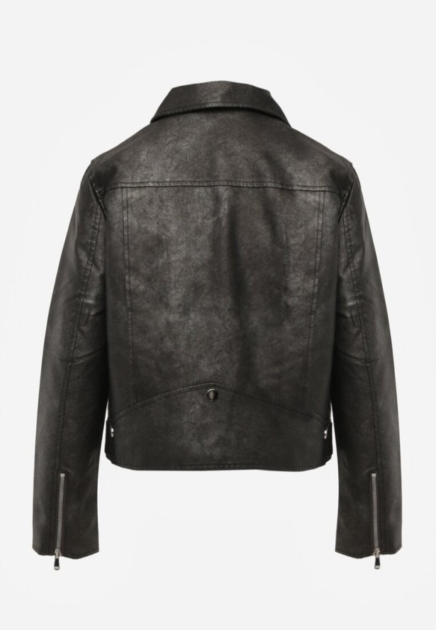 Ciemnoszara Kurtka o Kroju Ramoneski z Paskiem ze Sprzączką i Kieszeniami Milvila