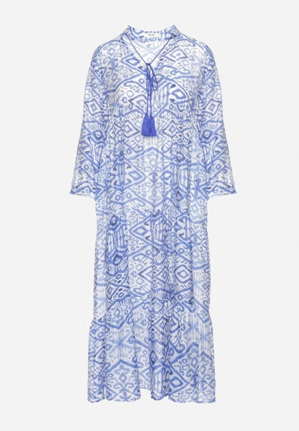 Niebieska Rozkloszowana Sukienka w Stylu Boho Wiązana przy Dekolcie z Falbankami Dimasia