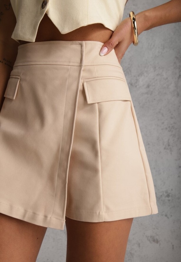 Beżowe Asymetryczne Spódnico-Szorty z Bawełną i Imitacją Kieszeni Tinabel