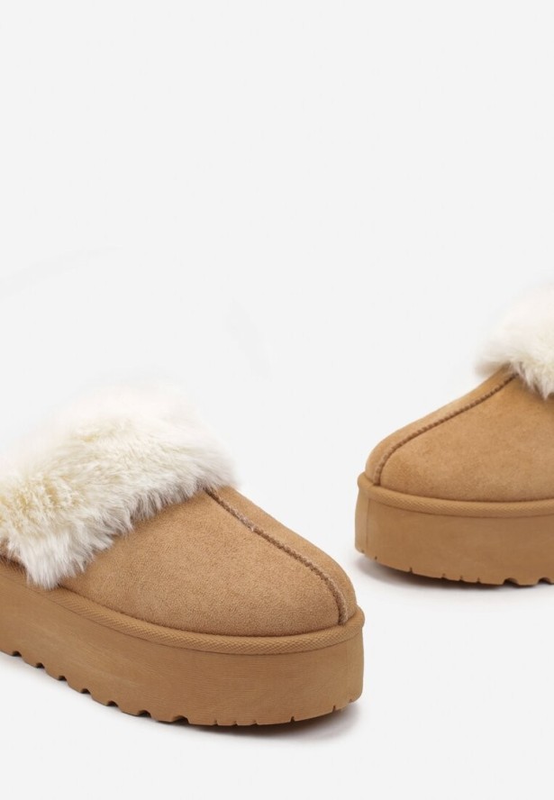 Brązowe Kapcie na Platformie z Futerkiem Sylva