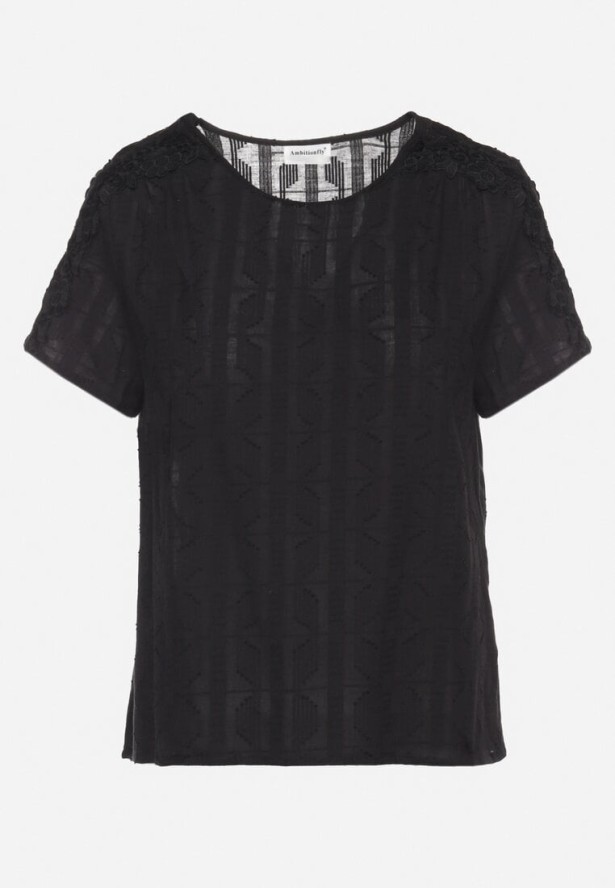 Czarna Bawełniana Bluzka z Koronkowymi Wstawkami Amoette