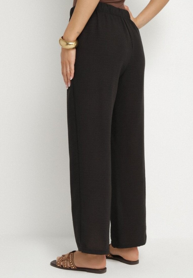 Czarne Spodnie o Szerokim Kroju z Gumką i Wiązaniem w Talii Mirastra