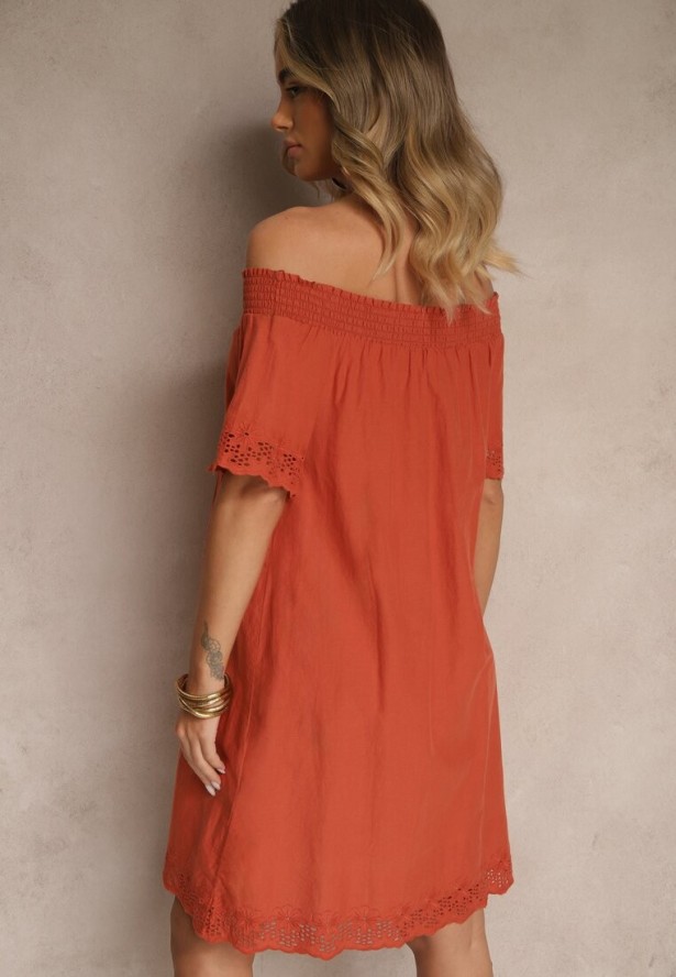 Pomarańczowa Sukienka o Kroju Hiszpanki z Bawełny z Ażurowymi Zdobieniami Filviana