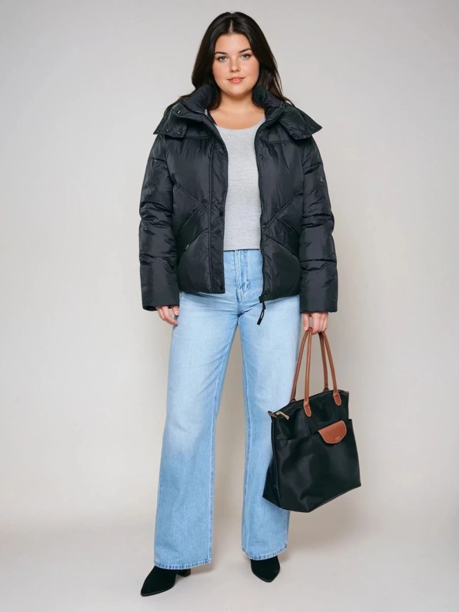 Kurtka damska pikowana z odpinanym kapturem czarna Kelviana 906