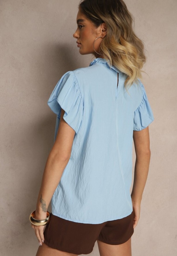 Niebieska Bluzka z Wiskozą i Falbankami Greloiti