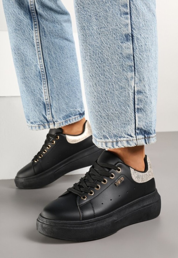 Czarno-Złote Sneakersy na Niskim Koturnie Zdobione Metalicznymi Wstawkami Alirisa