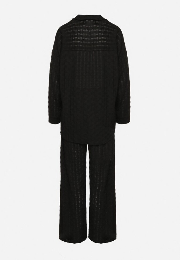 Czarny Komplet z Tkaniny Strukturalnej Koszula i Spodnie z Gumką w Pasie Saccaria