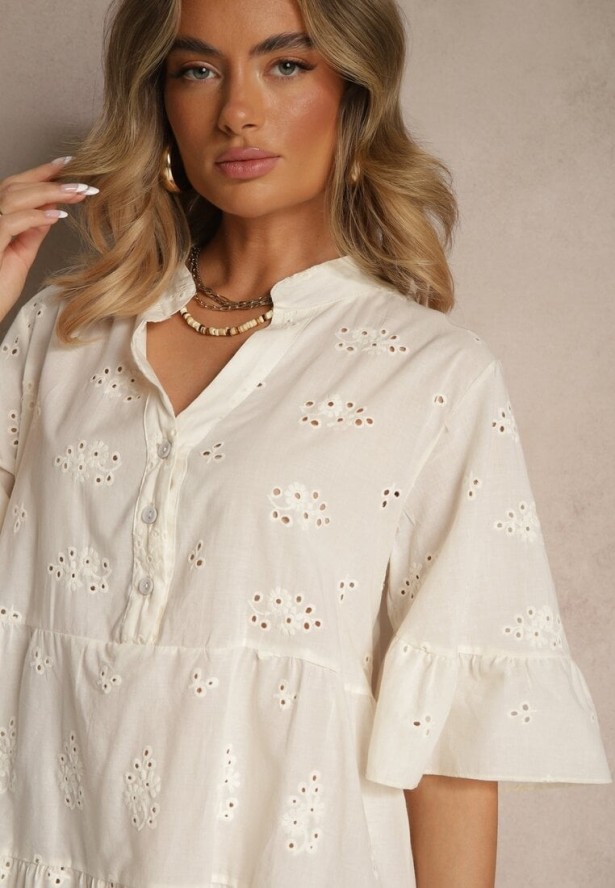 Jasnobeżowa Rozkloszowana Sukienka Koszulowa z Bawełny Zdobiona Haftem i Falbanami Filarosa