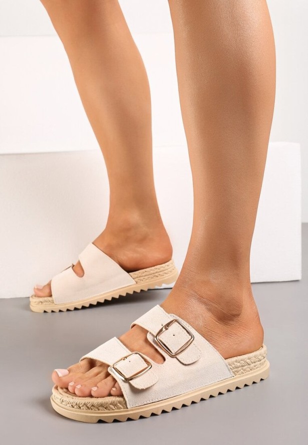 Beżowe Wsuwane Klapki z Ozdobnymi Klamrami na Paskach Iabeaus