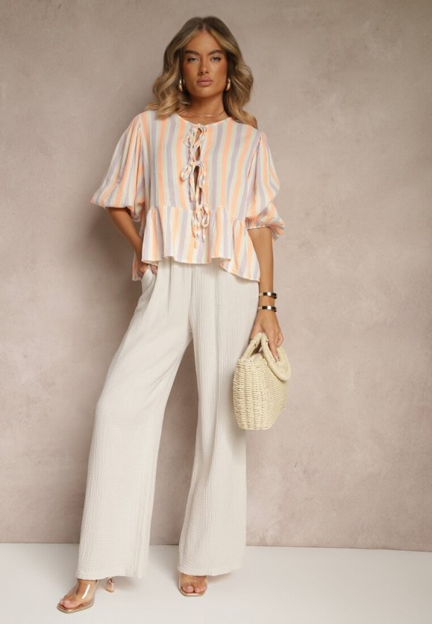 Pomarańczowa Bluzka z Bawełny w Prążki Zdobiona Wiązaniem i Falbaną Farettia