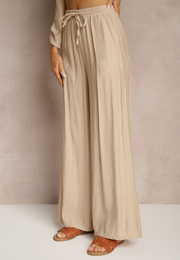 Jasnobeżowy Komplet z Wiskozy w Stylu Oversize Szerokie Spodnie i Luźna Koszula na Guziki Natinne