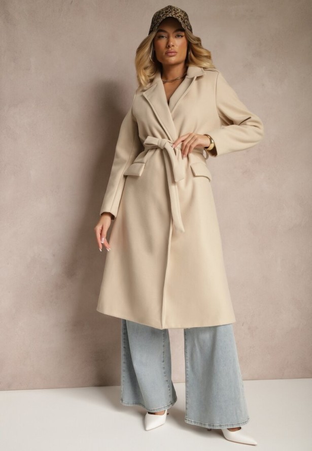 Jasnobeżowy Taliowany Płaszcz z Wiązanym Paskiem Seraphique