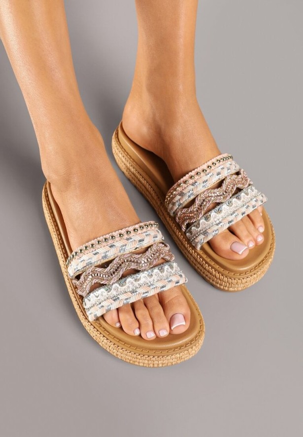 Beżowo-Różowe Klapki Boho na Podeszwie z Plecionki Zdobione Cyrkoniami Deonielle