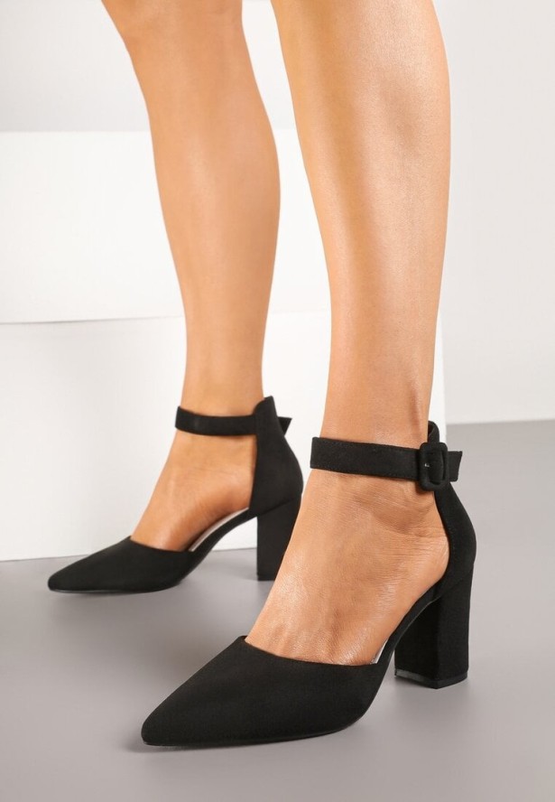 Czarne Czółenka z Ekozamszu na Słupku z Zapięciem wokół Kostki na Sprzączkę Lecatia