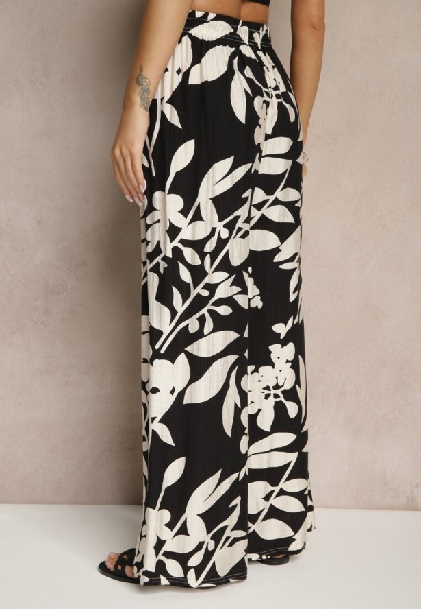 Czarne Szerokie Spodnie z Wiskozy High Waist w Kwiatowy Wzór Elaneora