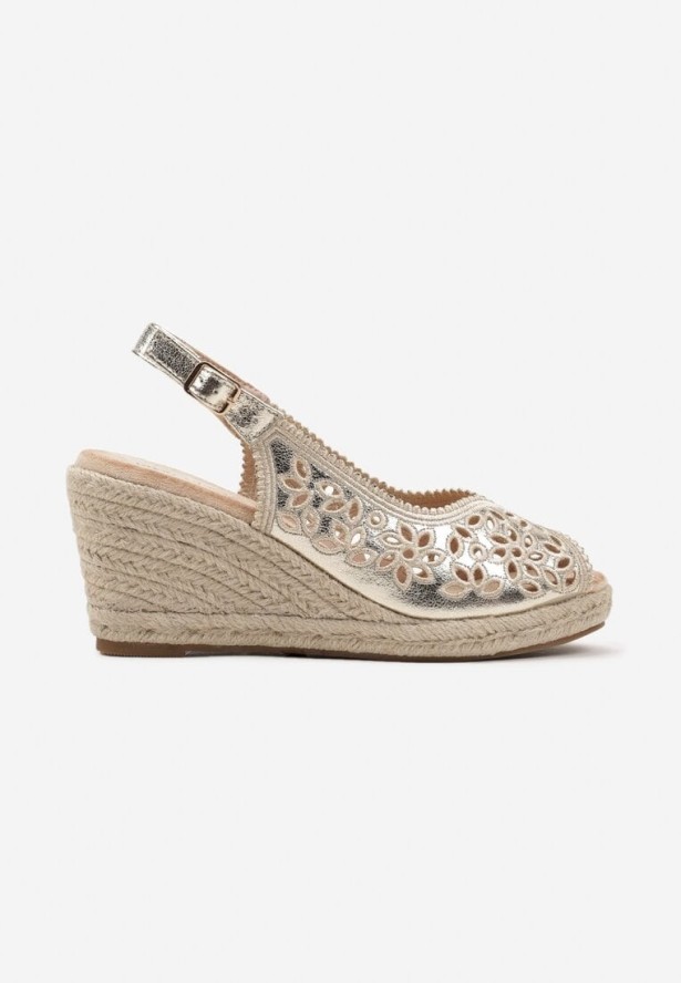 Złote Ażurowe Sandały na Plecionym Koturnie Zalinea