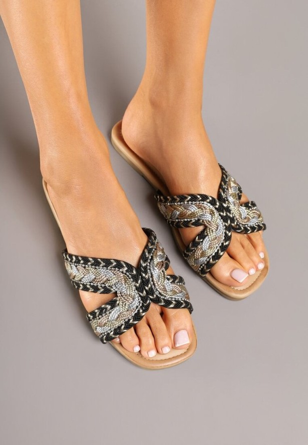 Czarne Klapki z Plecionką w Stylu Boho Felmirella