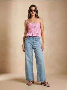 Jeansy straight wide leg ze średnim stanem - niebieski