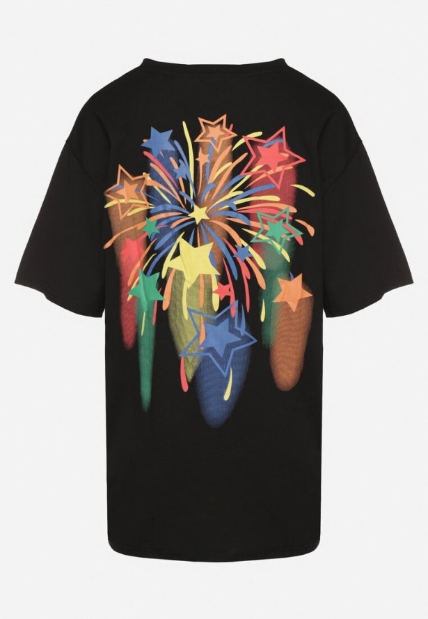 Czarny T-shirt Oversize z Kolorowym Napisem i Gwiazdkami Iloviela