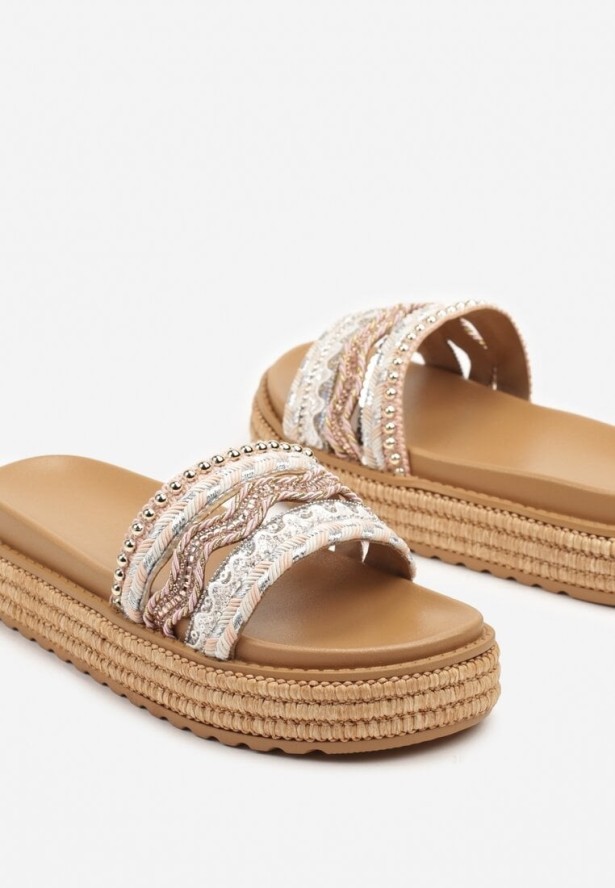 Beżowo-Różowe Klapki Boho na Podeszwie z Plecionki Zdobione Cyrkoniami Deonielle