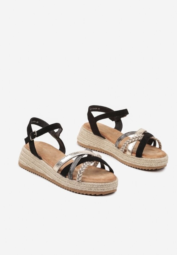 Czarne Sandały z Plecionym Sznurkiem Dulinea