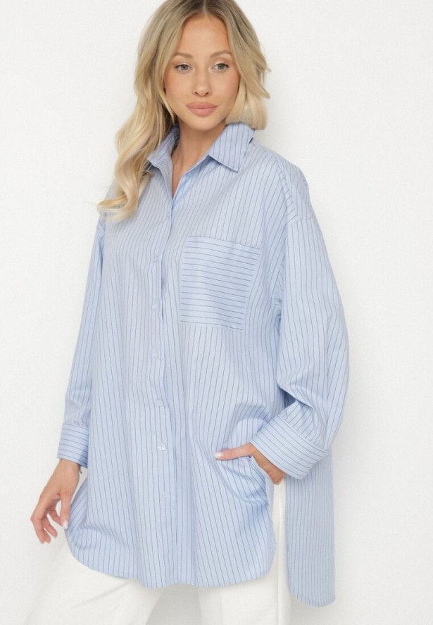 Jasnoniebieska Koszula z Bawełny w Paski Ozdobiona Kieszenią Halonila