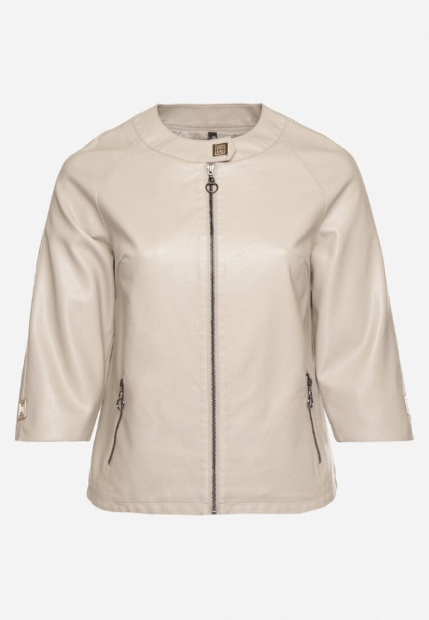 Beżowa Gładka Kurtka Ramoneska z Rękawem 3/4 Mirseli