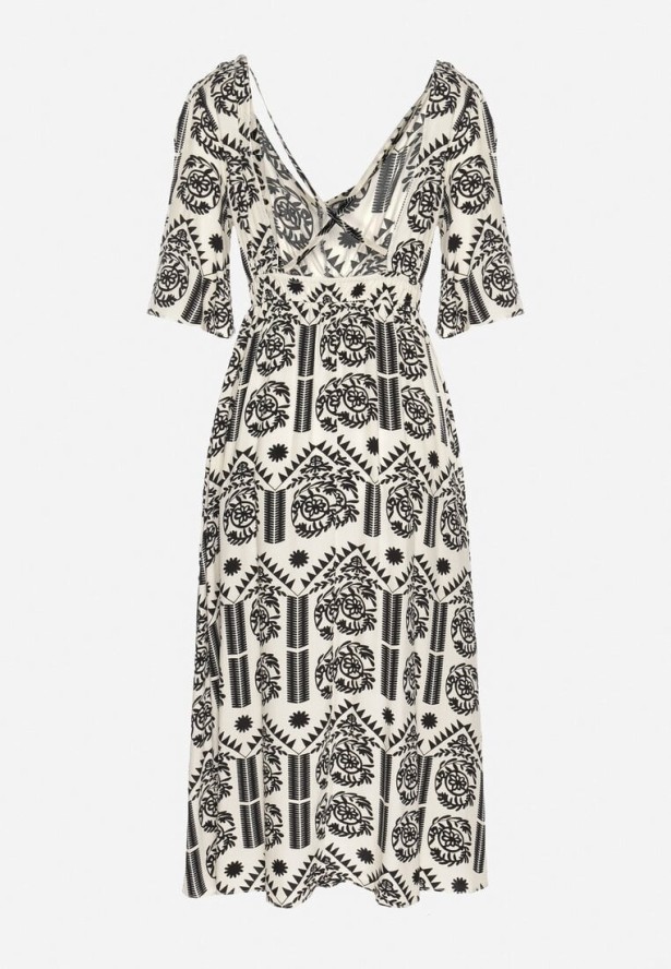 Czarno-Kremowa Sukienka Wiskozowa Rozkloszowana z Odkrytymi Plecami w Print Boho Turaisa