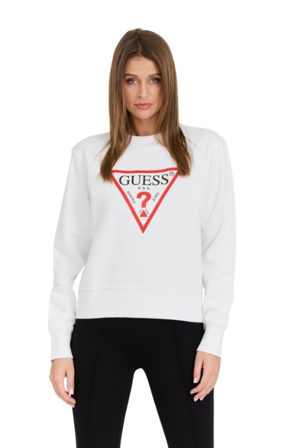 GUESS Biała damska bluza z dużym logo Original Fleece, Rozmiar S