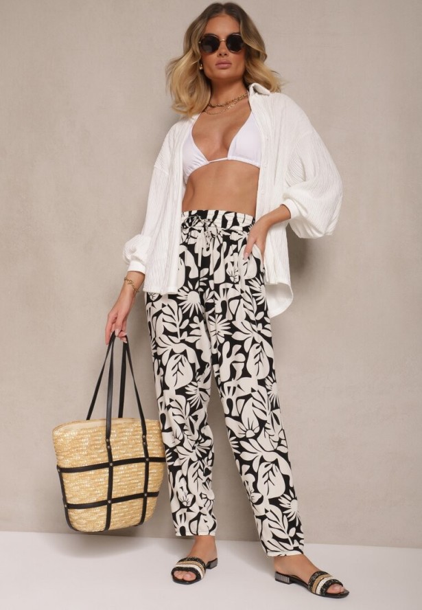 Czarne Spodnie z Wiskozy High Waist w Kwiatowy Wzór Niliannea