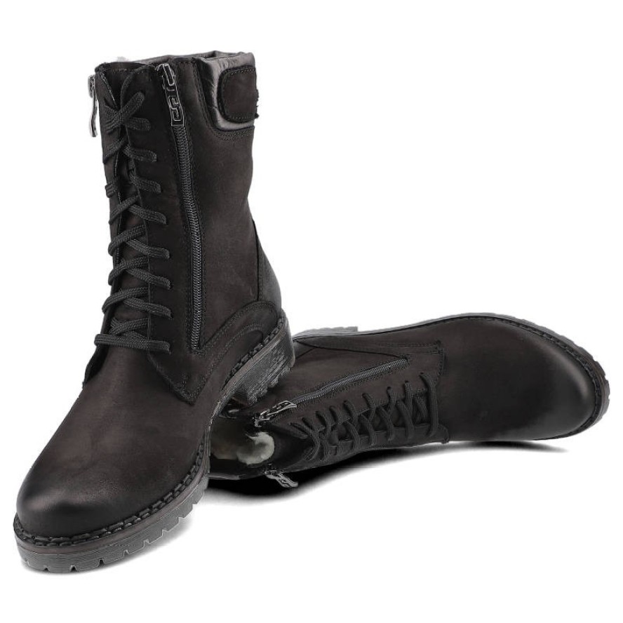 Botki damskie Simen, na płaskim obcasie z ozdobnym suwakiem z boku cholewki, czarne, 08237-S04