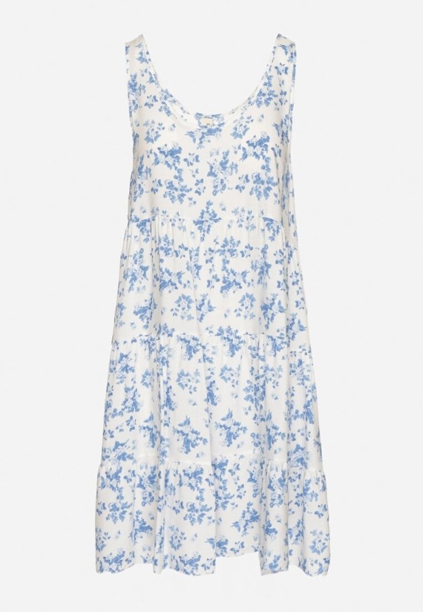 Biało-Niebieska Rozkloszowana Sukienka z Bawełny z Kwiatowym Wzorem Anniviana