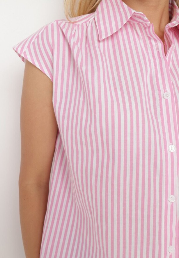 Różowa Bawełniana Koszula Bez Rękawów w Paski Zapinana na Guziki Loratia