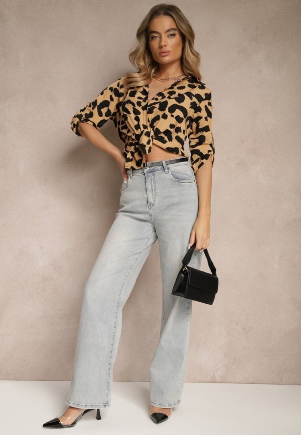 Ciemnobeżowa Koszula z Dodatkiem Bawełny w Cętki Efamara