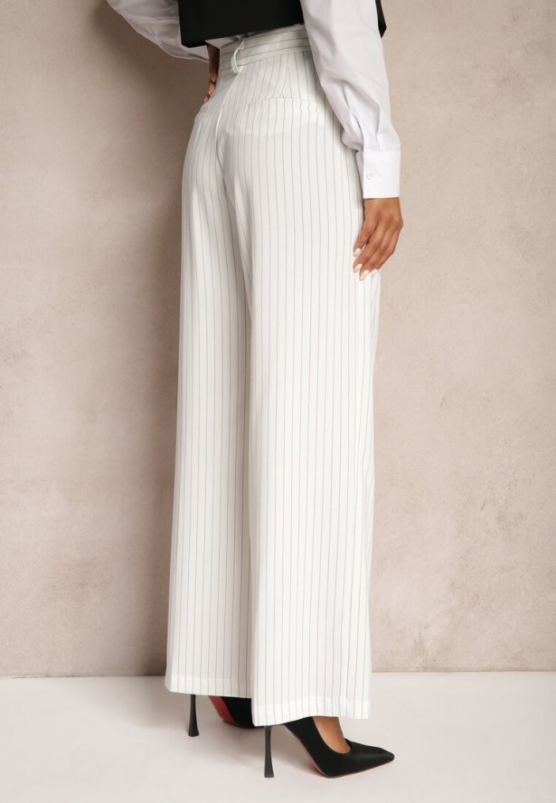 Białe Spodnie Szerokie w Garniturowym Stylu w Delikatne Prążki Tsalena