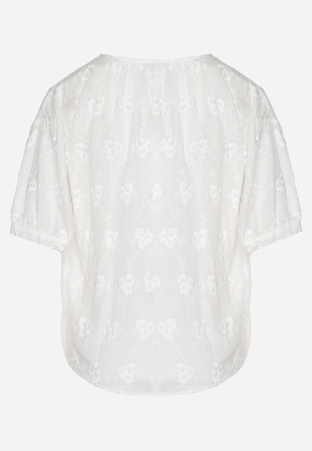 Biała Bawełniana Koszula o Krótkim Kroju z Krótkim Rękawem Zdobiona Haftem Zevaline