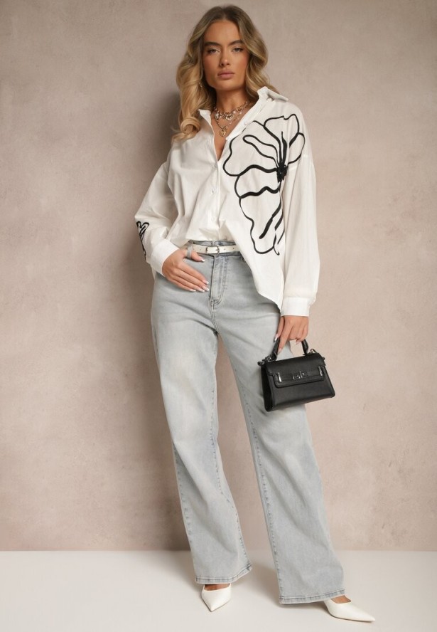 Biała Koszula z Bawełny z Ozdobną Aplikacją z Kwiatami Frolreia