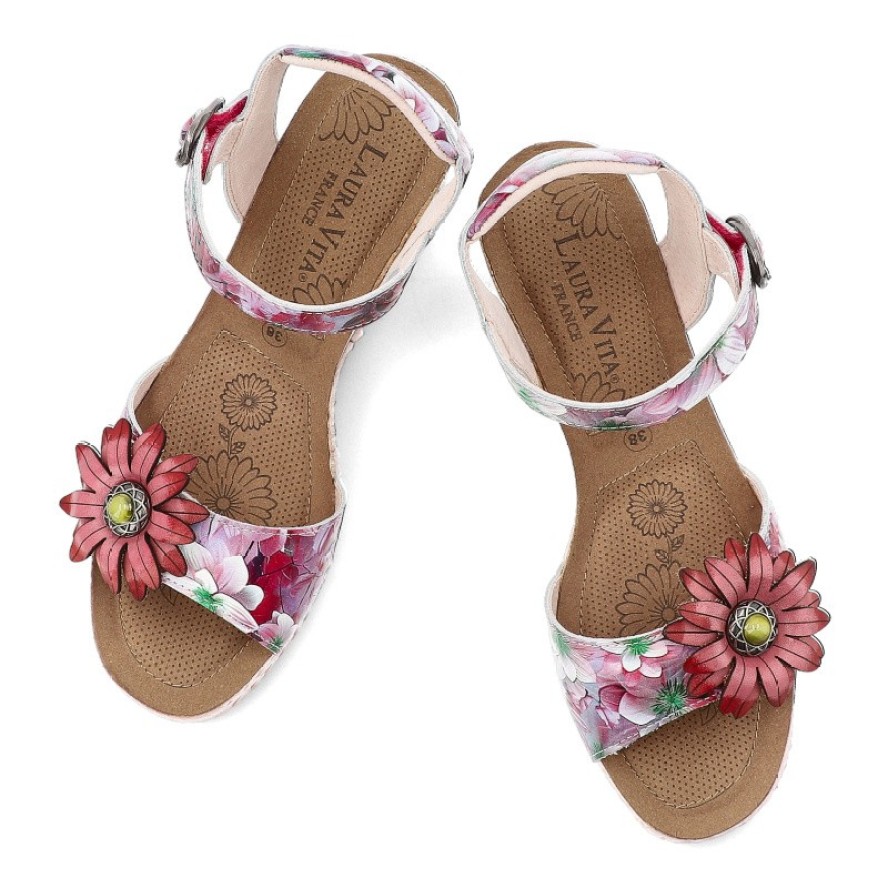 Sandały damskie Laura Vita, ze skóry naturalnej i podwyższona podeszwa na koturnie z plecionym wykończeniem, różowe, Facyo 75 AC1198-75 Lilas