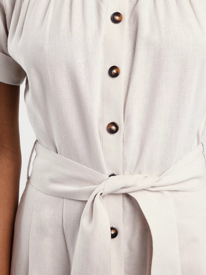 Sukienka damska midi lniana z wiązaniem w pasie beżowa Okire 800