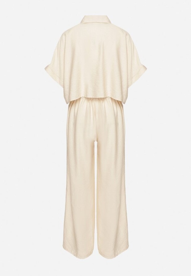 Jasnobeżowy Wiskozowy Komplet Krótka Koszula i Szerokie Spodnie Davitta
