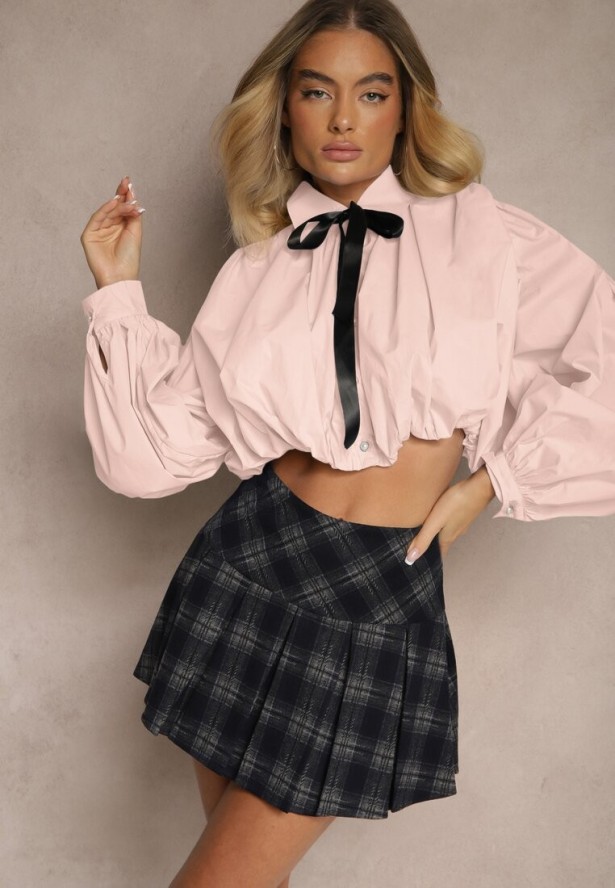 Różowa Bufiasta Koszula z Bawełny w Stylu Retro z Ozdobną Kokardą Frulla