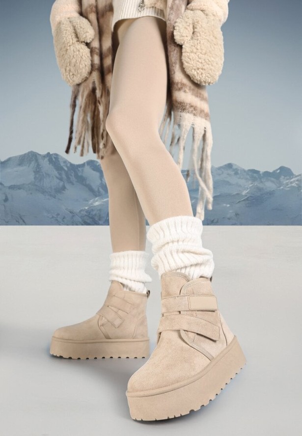 Beżowe Śniegowce na Grubej Podeszwie Zapinane na Rzepy Tarorelle