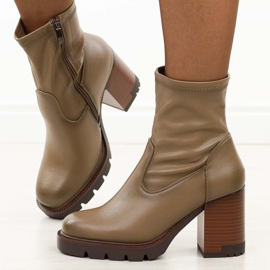 Khaki wysokie botki damskie na słupku Potocki 12419