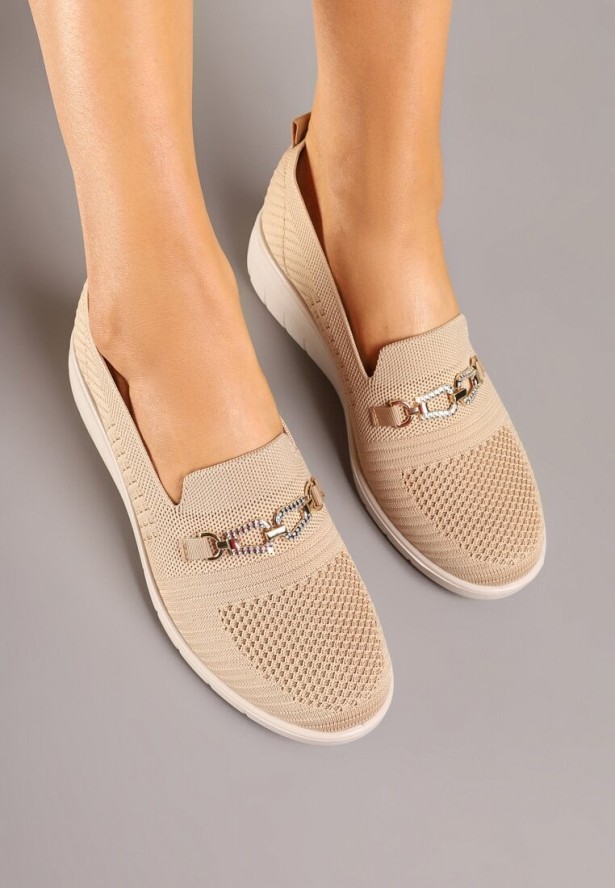 Ciemnobeżowe Półbuty na Koturnie z Ozdobą i Cyrkoniami Neviae