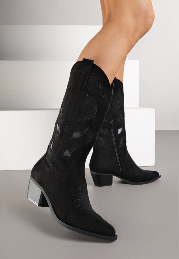 Czarne Botki Kowbojki na Stożkowym Obcasie z Geometrycznym Wzorem Lativia