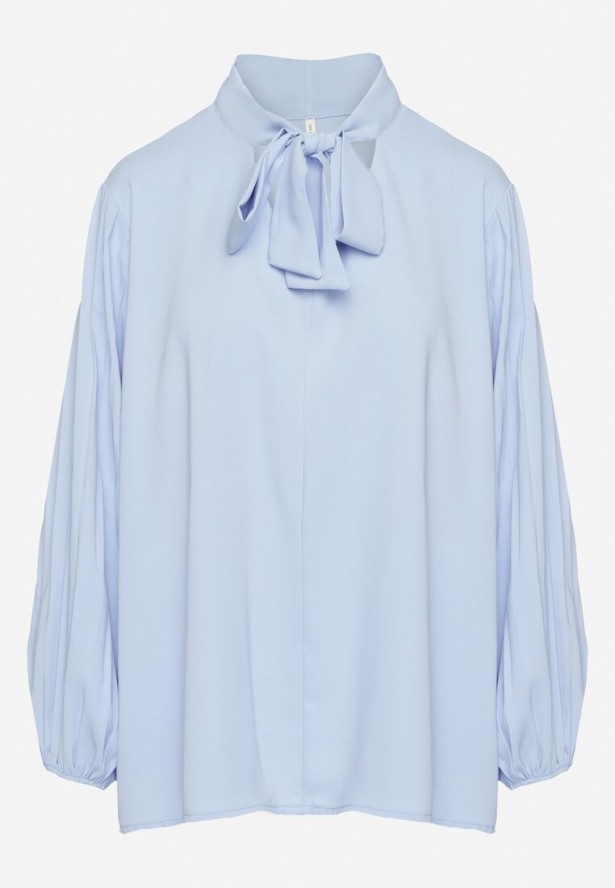 Jasnoniebieska Bluzka z Plisowanymi Rękawami i Wiązaniem pod Szyją Jenindria