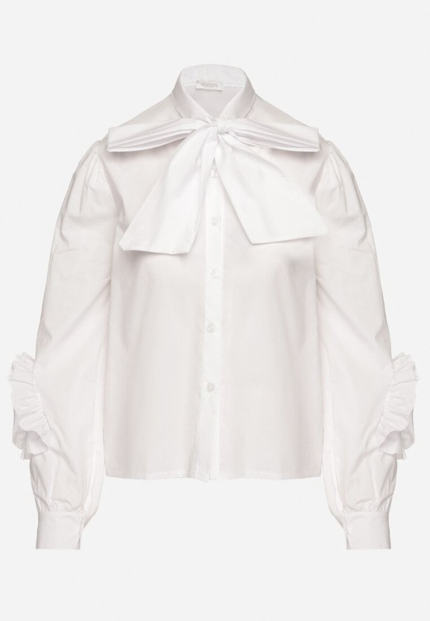 Biała Koszula z Ozdobnym Wiązaniem i Falbankami Zalimira