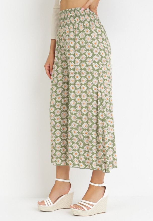 Jasnozielone Szerokie Spodnie High Waist o Długości 7/8 Vatum