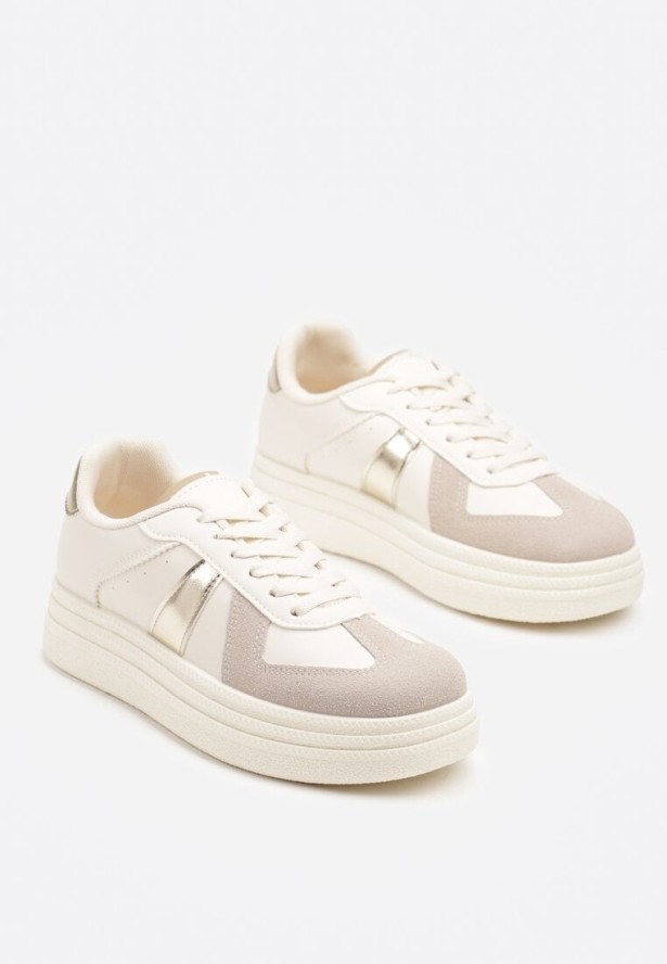 Beżowo-Złote Sznurowane Sneakersy na Grubej Podeszwie z Geometrycznym Motywem Melmi